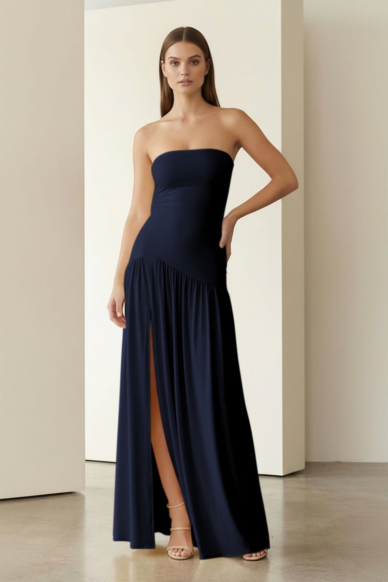 Yellow Strapless Sheath Pleated Long Prom Dresses With Slit