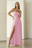Yellow Strapless Sheath Pleated Long Prom Dresses With Slit