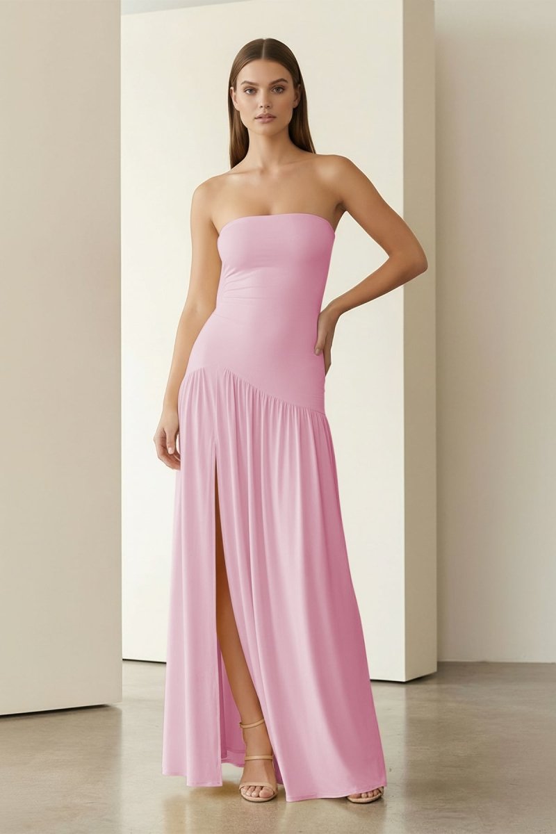Yellow Strapless Sheath Pleated Long Prom Dresses With Slit
