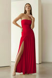 Yellow Strapless Sheath Pleated Long Prom Dresses With Slit