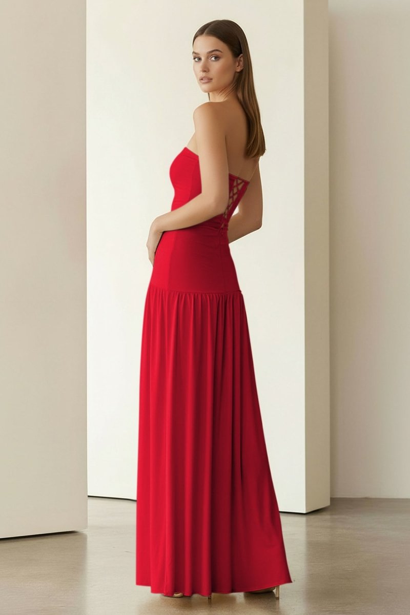 Yellow Strapless Sheath Pleated Long Prom Dresses With Slit