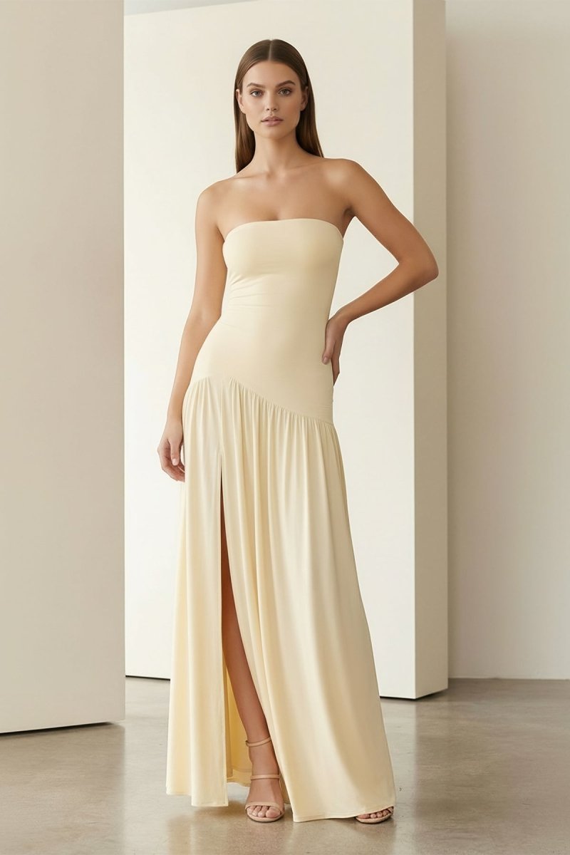 Yellow Strapless Sheath Pleated Long Prom Dresses With Slit