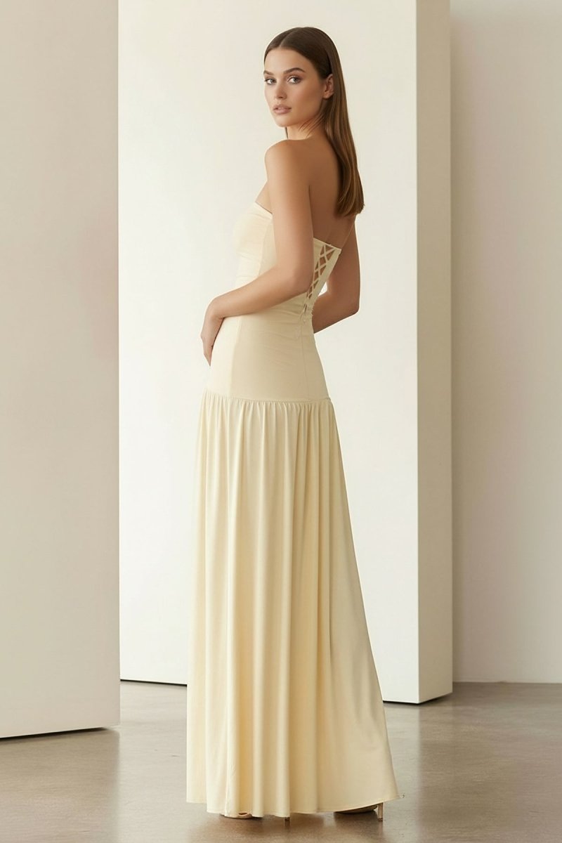 Yellow Strapless Sheath Pleated Long Prom Dresses With Slit