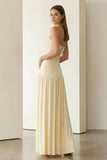 Yellow Strapless Sheath Pleated Long Prom Dresses With Slit