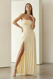 Yellow Strapless Sheath Pleated Long Prom Dresses With Slit