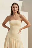 Yellow Strapless Sheath Pleated Long Prom Dresses With Slit