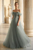 Princess Off the Shoulder Embroidering Tulle Sage Ball Gown