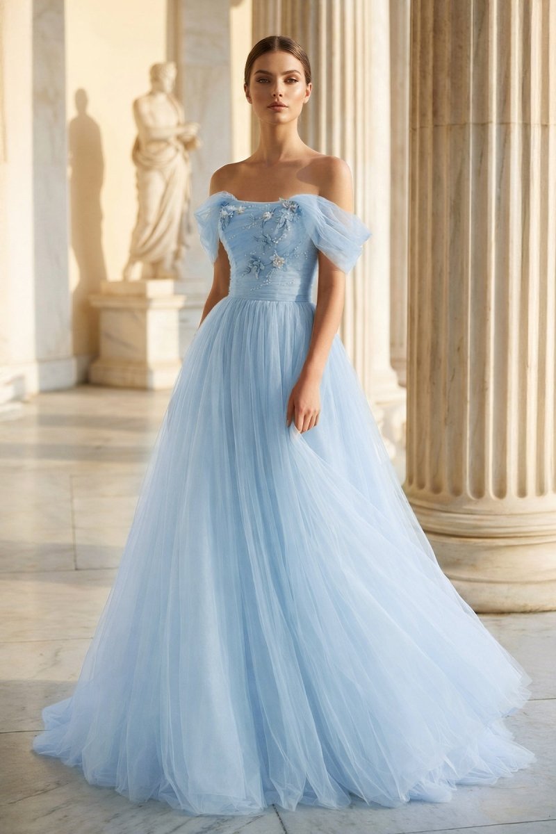 Princess Off the Shoulder Embroidering Tulle Sage Ball Gown
