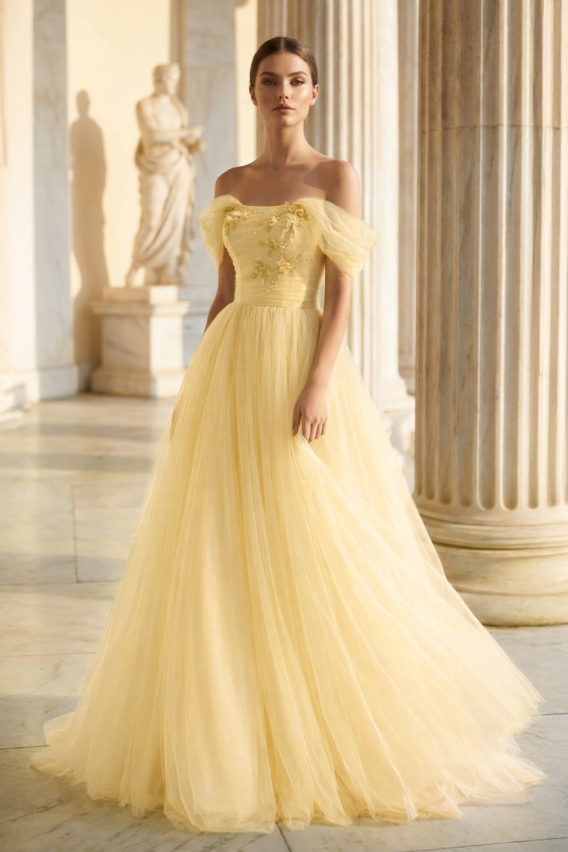 Princess Off the Shoulder Embroidering Tulle Sage Ball Gown
