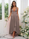 A-Line/Princess Silk like Satin Ruffles V-neck Sleeveless Ankle-Length Bridesmaid Dresses Prom Dress