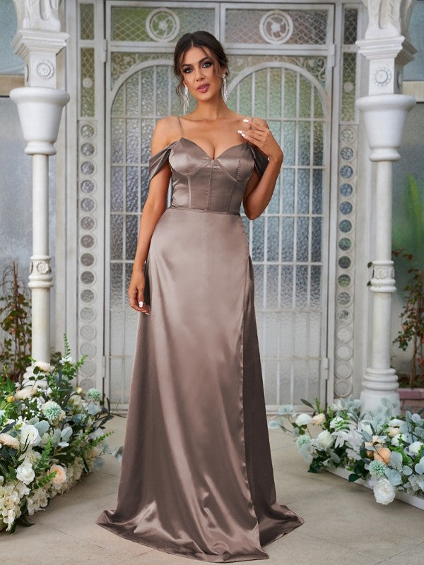 A-Line/Princess Silk like Satin Ruched Sweetheart Sleeveless Sweep/Brush Train Bridesmaid Dresses Evening Dress