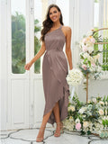 A-Line/Princess Silk like Satin Ruched One-Shoulder Sleeveless Tea-Length Bridesmaid Dresses Evening Prom Dress