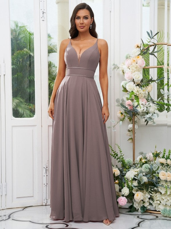 A-Line/Princess Chiffon Ruffles V-neck Sleeveless Floor-Length Bridesmaid Dresses Evening Prom Dress