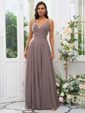 A-Line/Princess Chiffon Ruffles V-neck Sleeveless Floor-Length Bridesmaid Dresses Evening Prom Dress