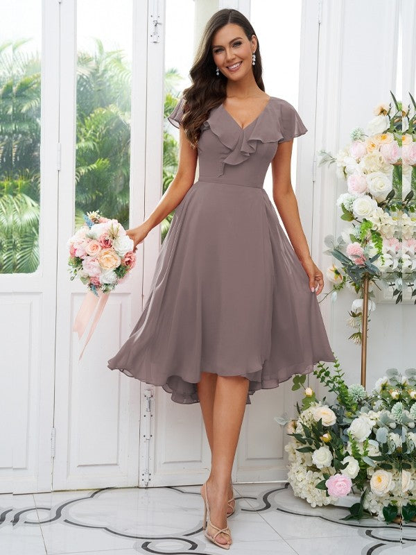 Vestido de dama de honor asimétrico de corte A/princesa, de gasa, con volantes, escote en V y mangas cortas, ideal para invitadas de boda y graduación.