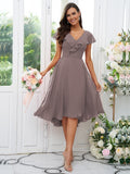 Vestido de dama de honor asimétrico de corte A/princesa, de gasa, con volantes, escote en V y mangas cortas, ideal para invitadas de boda y graduación.