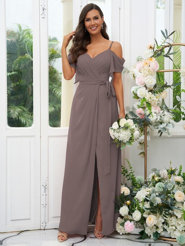 A-Line/Princess Chiffon Ruched V-neck Short Sleeves Floor-Length Bridesmaid Dresses Evening Dress