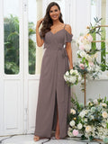A-Line/Princess Chiffon Ruched V-neck Short Sleeves Floor-Length Bridesmaid Dresses Evening Dress