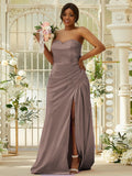 Sheath/Column Silk like Satin Ruched Sweetheart Sleeveless Sweep/Brush Train Bridesmaid Dresses Evening Dress