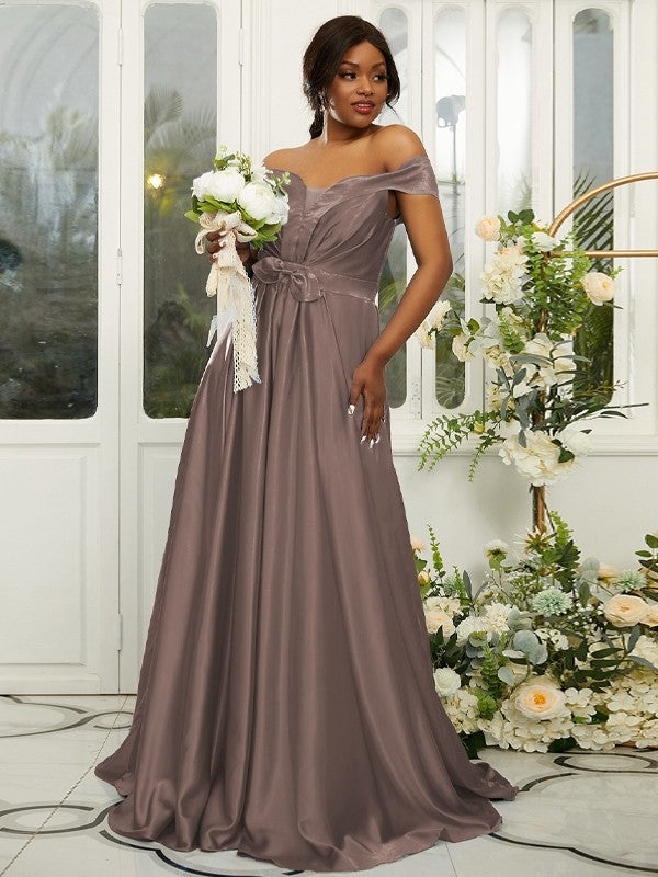 A-Line/Princess Silk like Satin Ruffles Off-the-Shoulder Sleeveless Sweep/Brush Train Bridesmaid Dresses Evening Dress