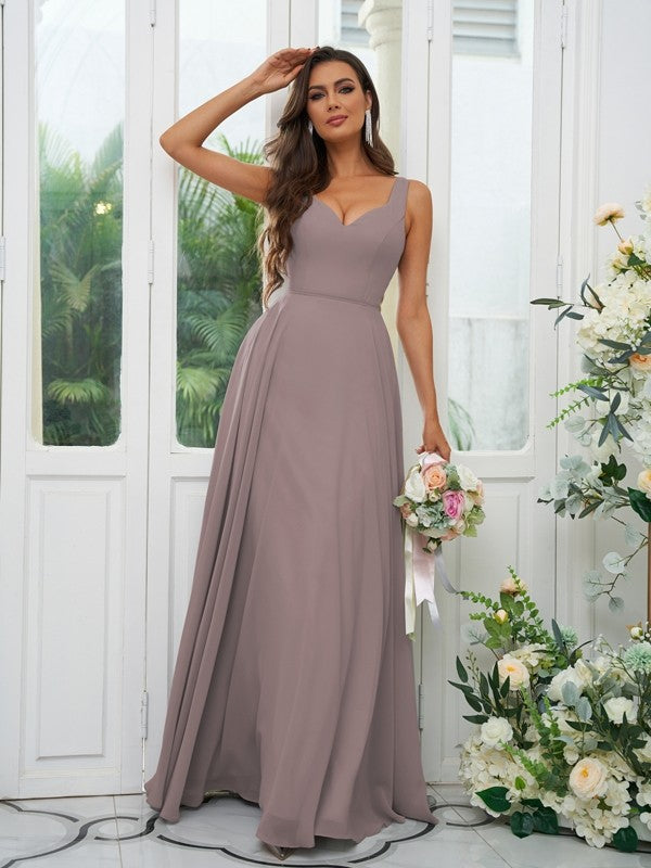 A-Line/Princess Chiffon Ruffles V-neck Sleeveless Floor-Length Bridesmaid Dresses Evening Dress