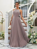 A-Linie/Princess-Linie Chiffon Rüschen Neckholder Ärmellos Bodenlang Brautjungfernkleider Abendkleid
