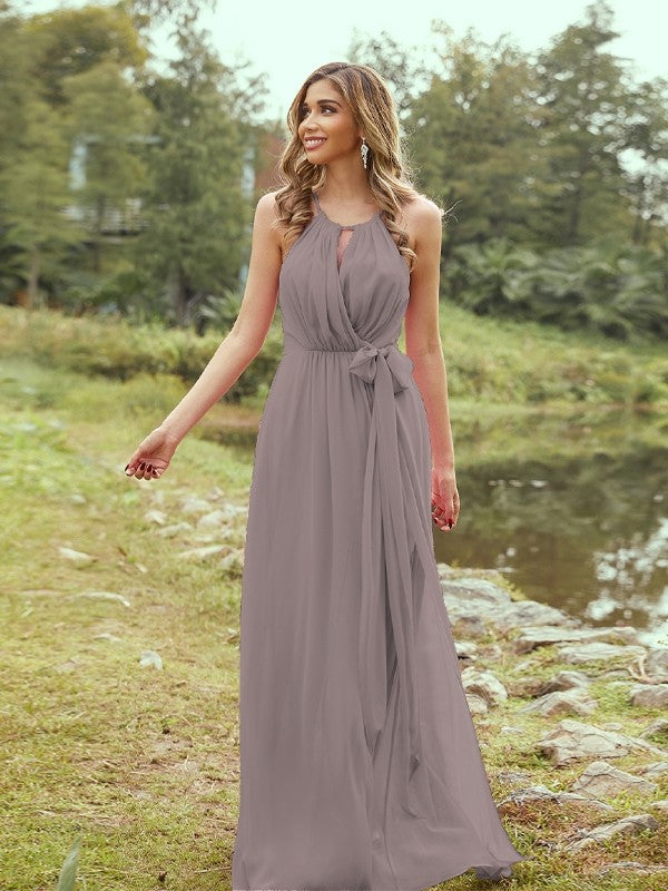 A-Line/Princess Chiffon Ruffles Halter Sleeveless Sweep/Brush Train Bridesmaid Dresses	Evening Prom Dress