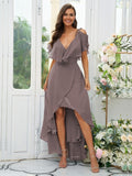 A-Line/Princess Chiffon Ruffles V-neck Short Sleeves Asymmetrical Bridesmaid Dresses Prom Dress
