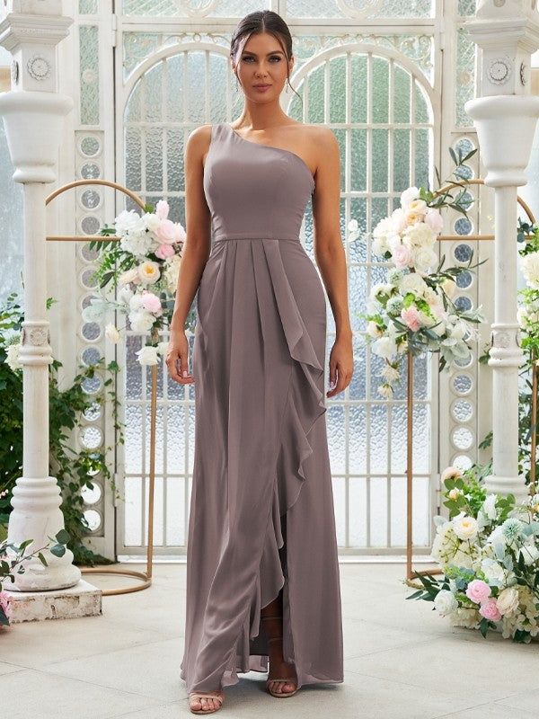 Sheath/Column Chiffon Ruffles One-Shoulder Sleeveless Floor-Length Bridesmaid Dresses Evening Prom Dress