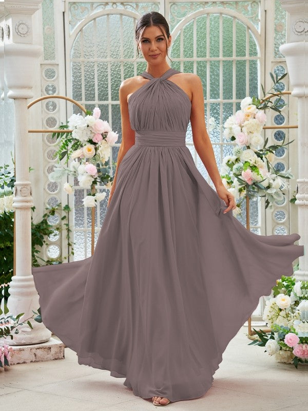 A-Linie/Princess-Linie Chiffon Rüschen Neckholder Ärmellos Bodenlang Brautjungfernkleider Abendkleid