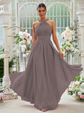 A-Linie/Princess-Linie Chiffon Rüschen Neckholder Ärmellos Bodenlang Brautjungfernkleider Abendkleid