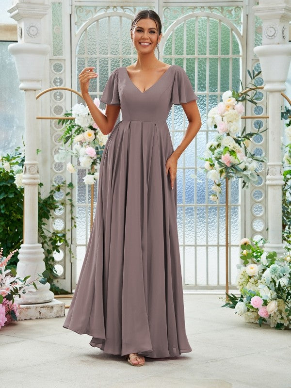 A-Line/Princess Chiffon Ruffles V-neck Short Sleeves Floor-Length Bridesmaid Dresses Evening Prom Dress