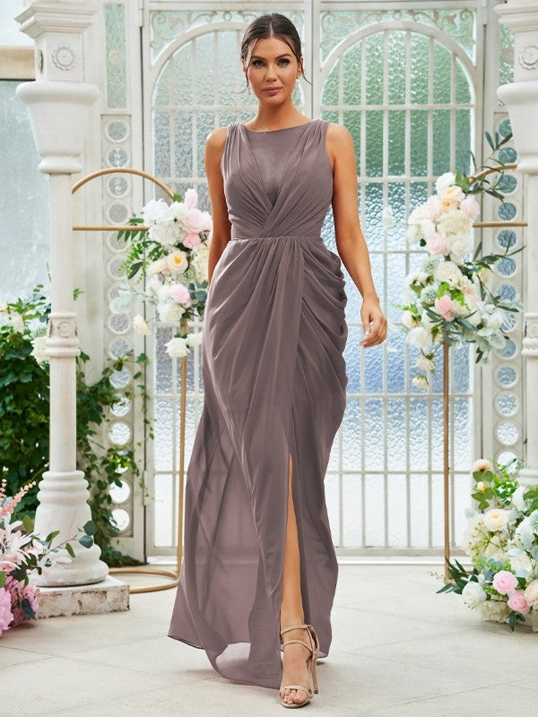 Sheath/Column Chiffon Ruched Scoop Sleeveless Floor-Length Bridesmaid Dresses Evening Dress