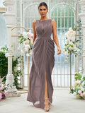 Sheath/Column Chiffon Ruched Scoop Sleeveless Floor-Length Bridesmaid Dresses Evening Dress