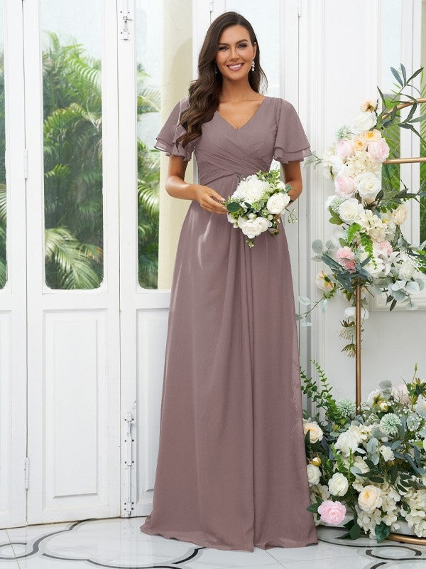 A-Line/Princess Chiffon Ruffles V-neck Short Sleeves Floor-Length Bridesmaid Dresses Evening Dress
