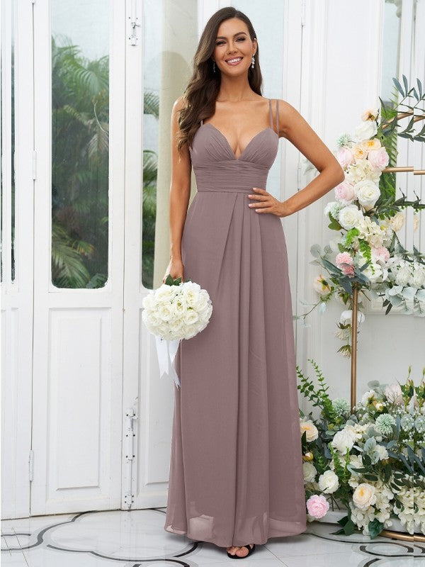 A-Line/Princess Chiffon Ruched V-neck Sleeveless Floor-Length Bridesmaid Dresses Evening Prom Dress
