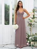 A-Line/Princess Chiffon Ruched V-neck Sleeveless Floor-Length Bridesmaid Dresses Evening Prom Dress
