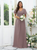 A-Line/Princess Chiffon Ruffles V-neck Short Sleeves Floor-Length Bridesmaid Dresses Evening Dress