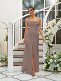 A-Line/Princess Silk like Satin Ruffles Spaghetti Straps Sleeveless Floor-Length Bridesmaid Dresses Evening Dress
