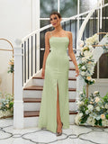 A-Line/Princess Silk like Satin Ruffles Spaghetti Straps Sleeveless Floor-Length Bridesmaid Dresses Evening Dress