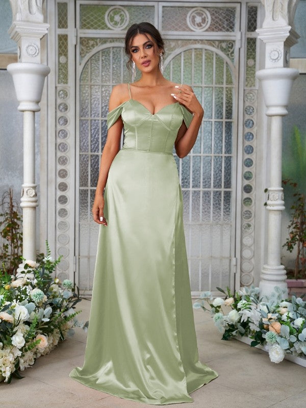 A-Line/Princess Silk like Satin Ruched Sweetheart Sleeveless Sweep/Brush Train Bridesmaid Dresses Evening Dress