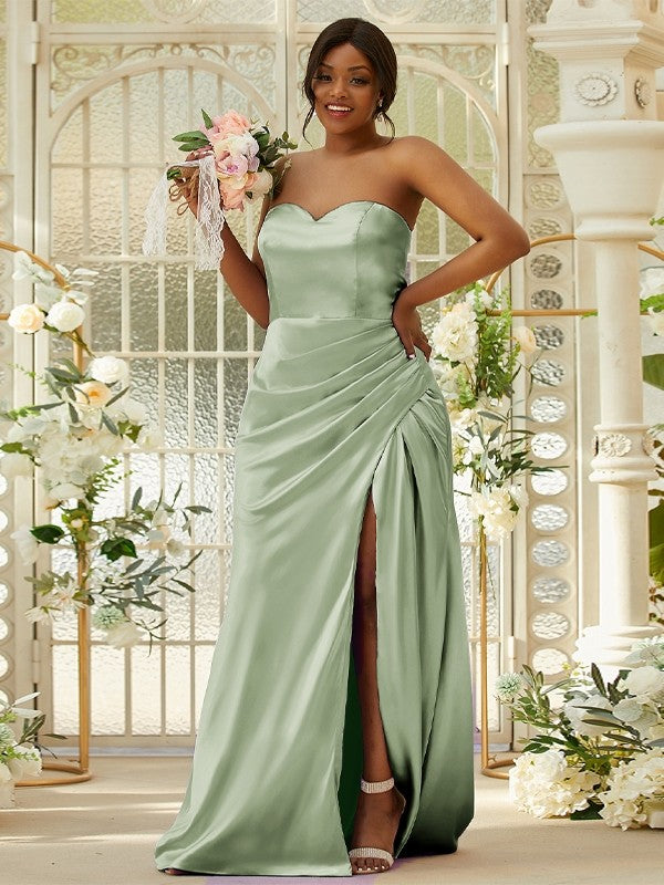 Sheath/Column Silk like Satin Ruched Sweetheart Sleeveless Sweep/Brush Train Bridesmaid Dresses Evening Dress
