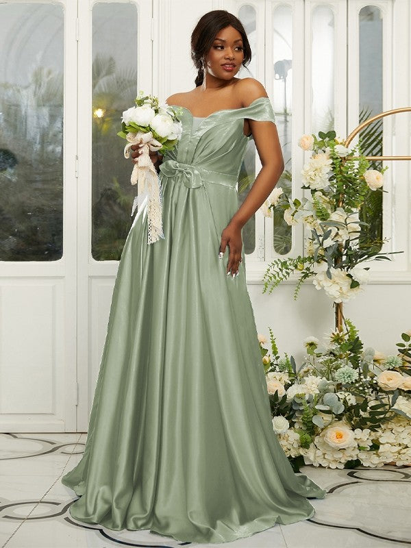 A-Line/Princess Silk like Satin Ruffles Off-the-Shoulder Sleeveless Sweep/Brush Train Bridesmaid Dresses Evening Dress