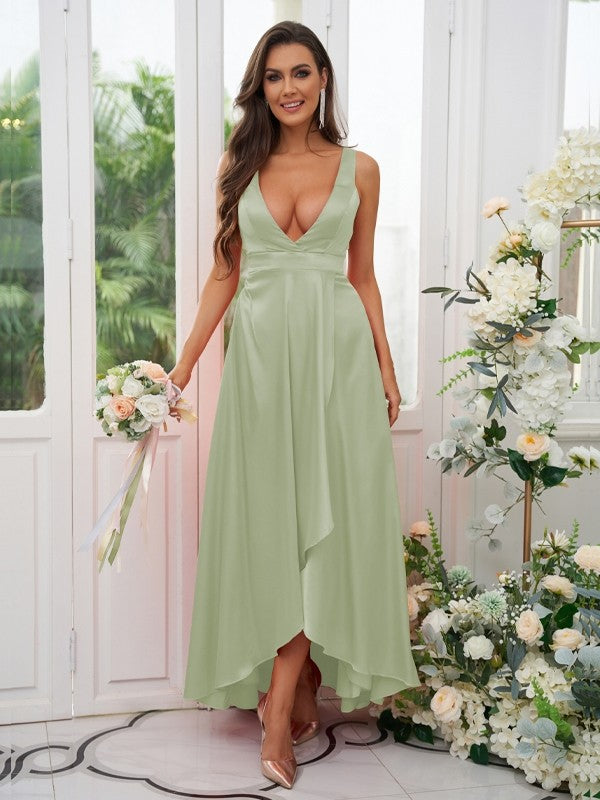 A-Line/Princess Silk like Satin Ruffles V-neck Sleeveless Ankle-Length Bridesmaid Dresses Prom Dress