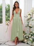 A-Line/Princess Silk like Satin Ruffles V-neck Sleeveless Ankle-Length Bridesmaid Dresses Prom Dress