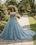 Dusty Blue Sweetheart Ball Gown Quinceanera Dress With 3D Flowers