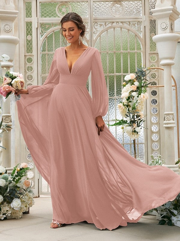 Vestido de dama de honor de corte A/princesa, de gasa, con volantes, escote en V, mangas largas y cola larga, vestido para madre de la novia