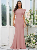 Sheath/Column Stretch Crepe Ruffles Scoop Short Sleeves Sweep/Brush Train Bridesmaid Dresses Evening Dress