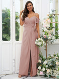 A-Line/Princess Chiffon Ruched V-neck Short Sleeves Floor-Length Bridesmaid Dresses Evening Dress