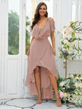 A-Line/Princess Chiffon Ruffles V-neck Short Sleeves Asymmetrical Bridesmaid Dresses Prom Dress